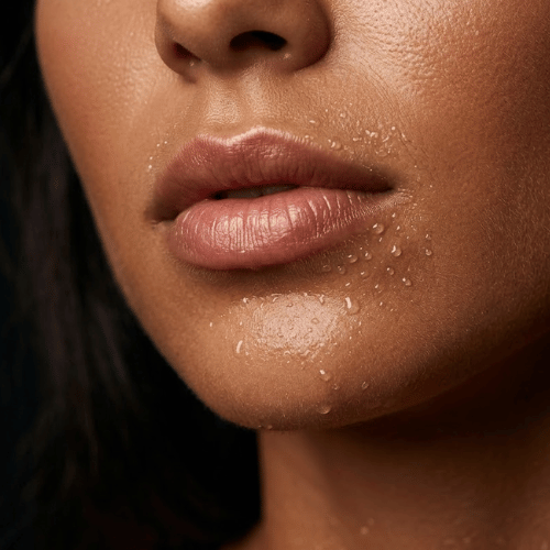 Zbliżenie na usta i brodę kobiety z kroplami wody — regeneracja skóry i naturalne odmłodzenie dzięki programowi Uroda+ Anti-Aging 30 dni w Klubie Zdrowia Ozimek koło Opola